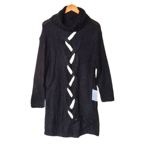 Solutions Chunky Knit Oversized Turtleneck Sweater Dress M Medium NWT Black Whit - Picture 2 of 12
